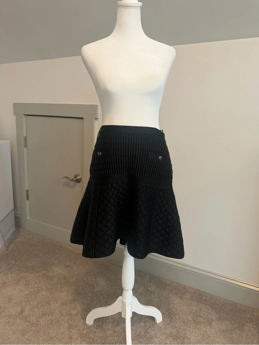 CHANEL Black Quilted Drop Waist Knit Skirt Silver CC Globe Buttons Fits US 8 10